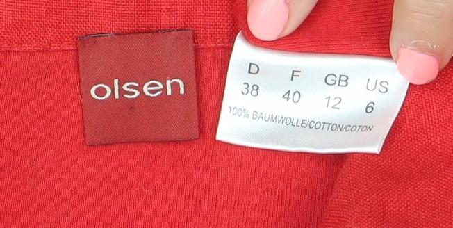Olsen Women’s Red Cotton Tunic Blouse Size 12 Collared 3/4 Sleeve
