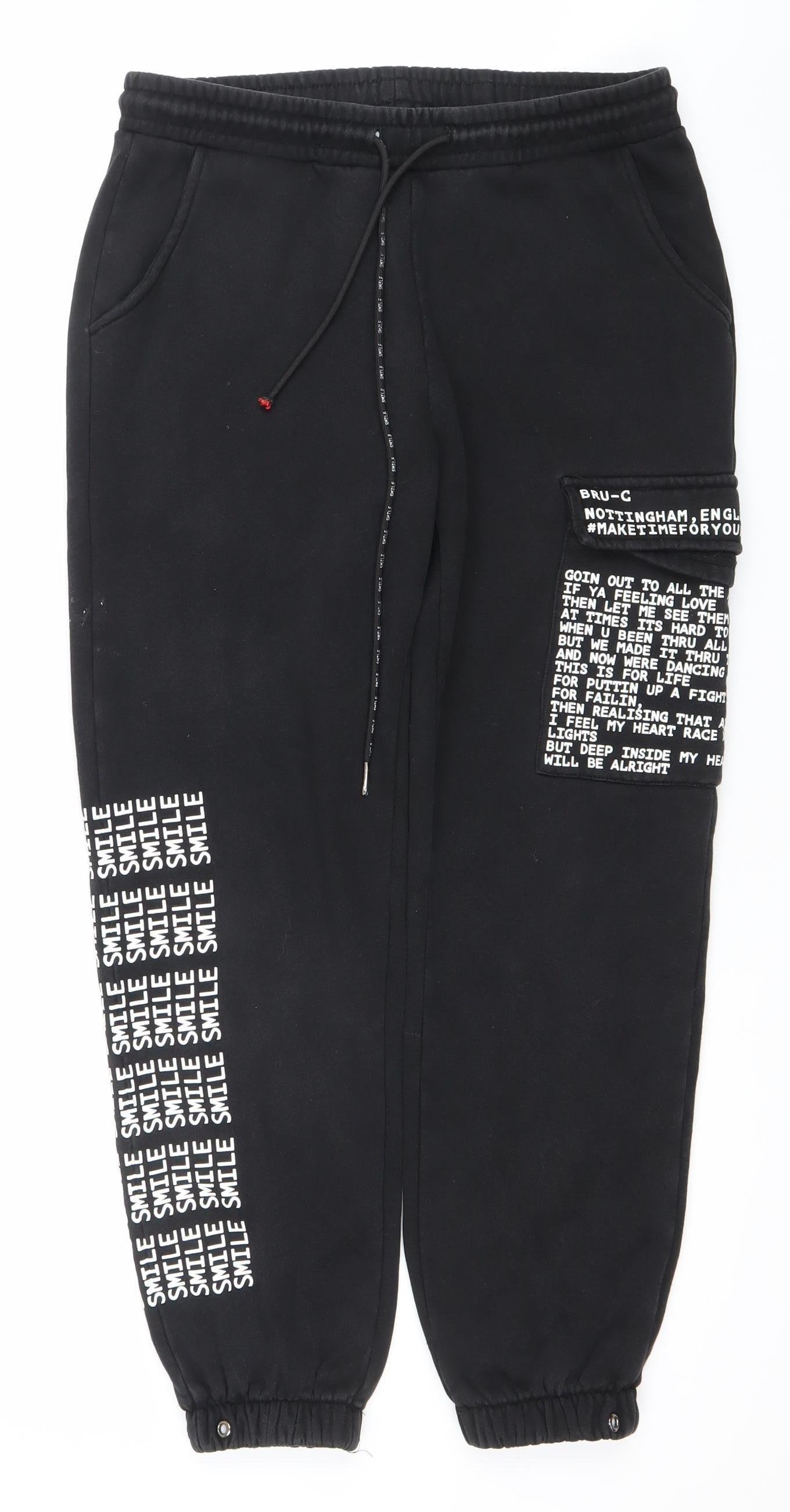 Bru-C Men’s Black Cotton Jogger Sweatpants Size M Elastic Waist Streetwear