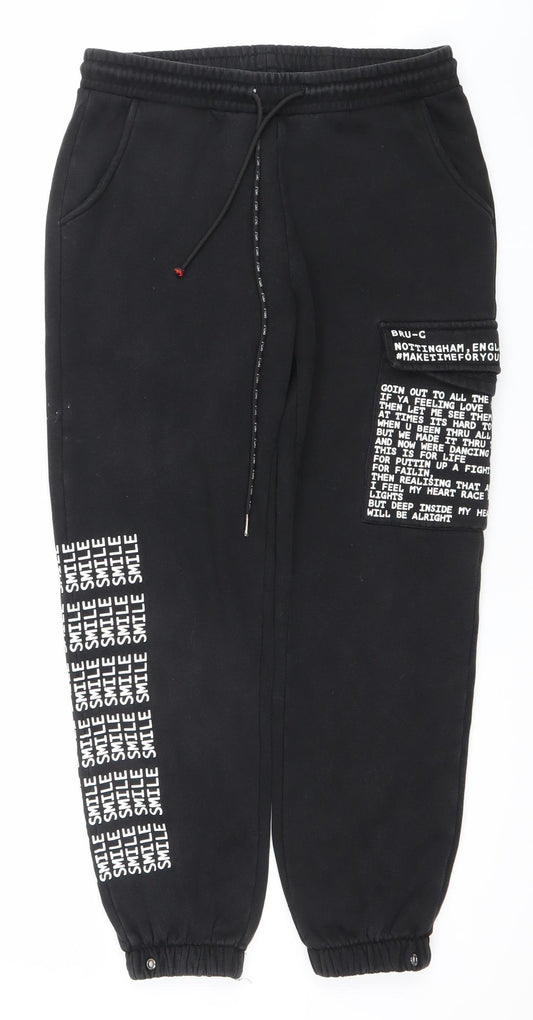 Bru-C Men’s Black Cotton Jogger Sweatpants Size M Elastic Waist Streetwear