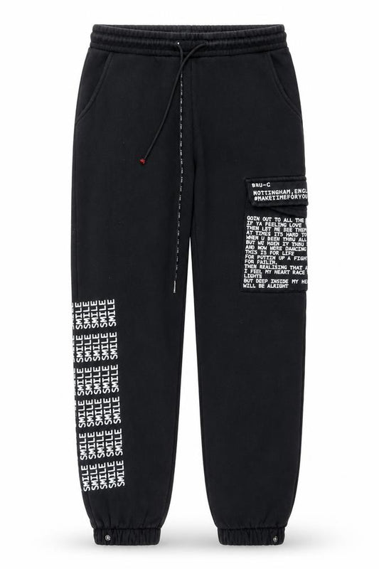 Front view of Bru-C Men’s Black Cotton Jogger Sweatpants, size M, Elastic Waist Streetwear