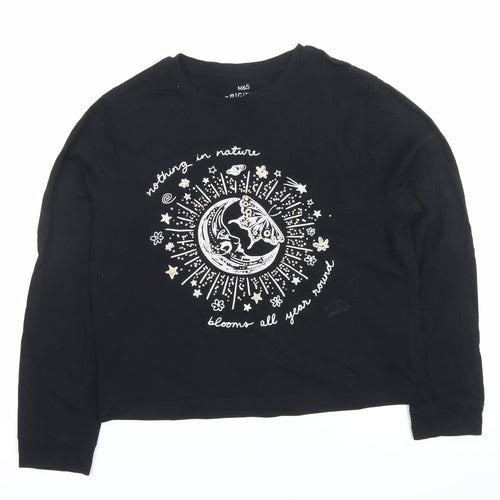 Marks and Spencer Girls Black Graphic Long Sleeve T-Shirt 11-12 Years