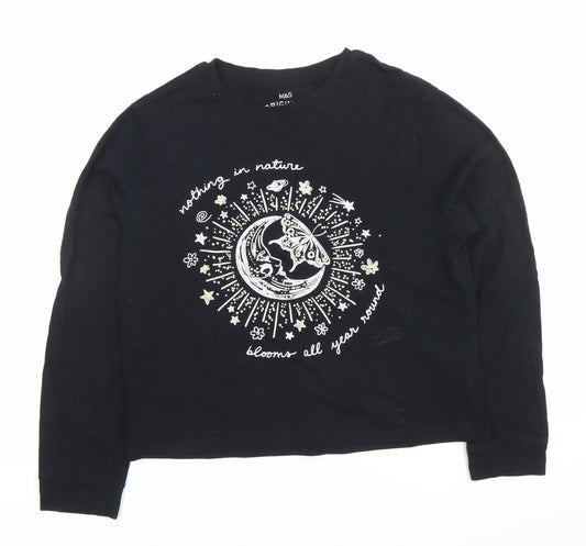 Marks and Spencer Girls Black Graphic Long Sleeve T-Shirt 11-12 Years