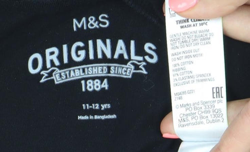 Marks and Spencer Girls Black Graphic Long Sleeve T-Shirt 11-12 Years