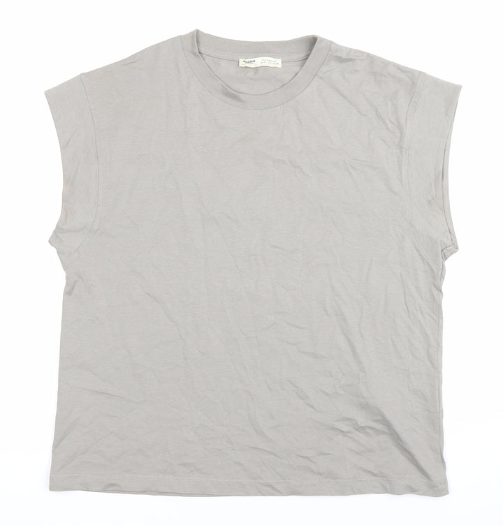 Pull&Bear Women Grey Sleeveless Crew Neck Cotton T-Shirt Size S