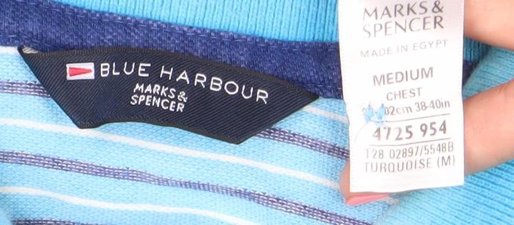 Marks and Spencer Men's Blue Striped Cotton Polo Shirt Size M