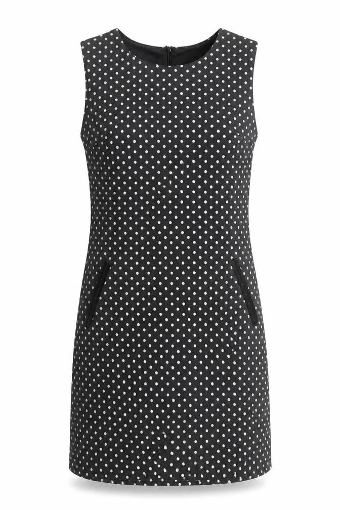 Front view of Chic & Mit Women's Black Polka Dot Sleeveless Sheath Dress S