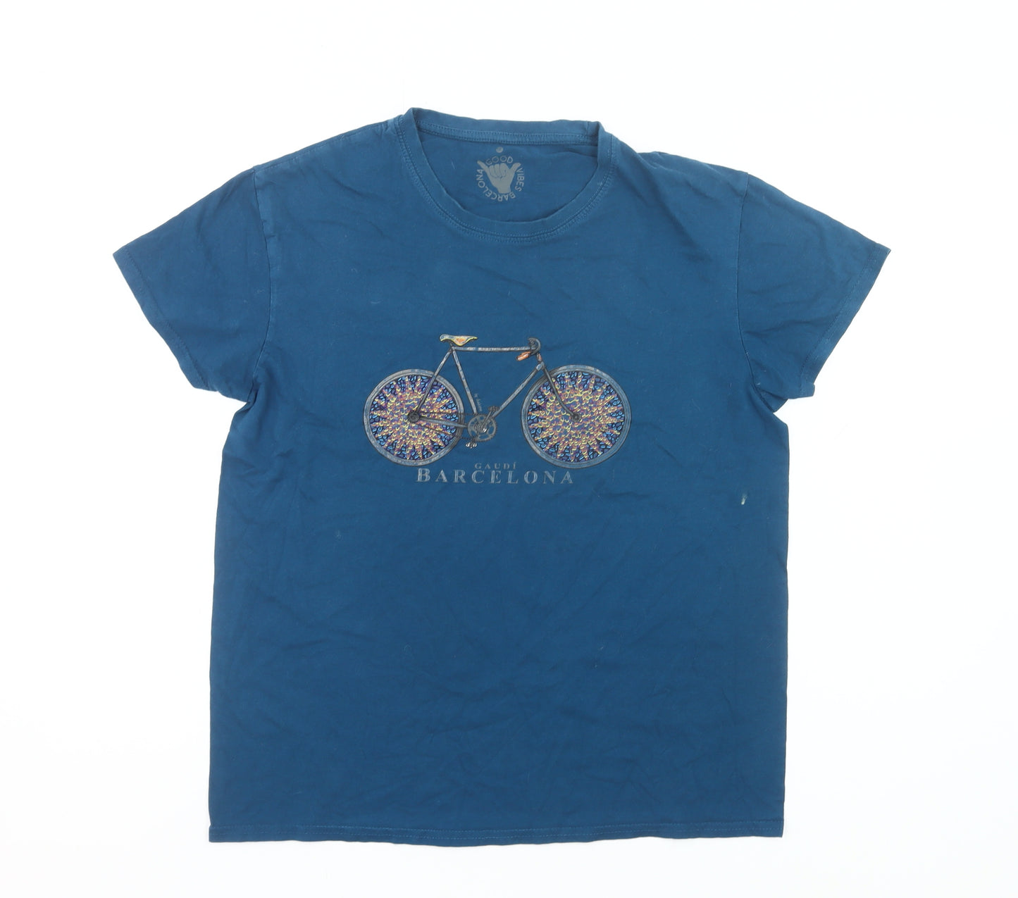 Good Vibes Barcelona Womens Blue Cotton T-Shirt Size M Casual