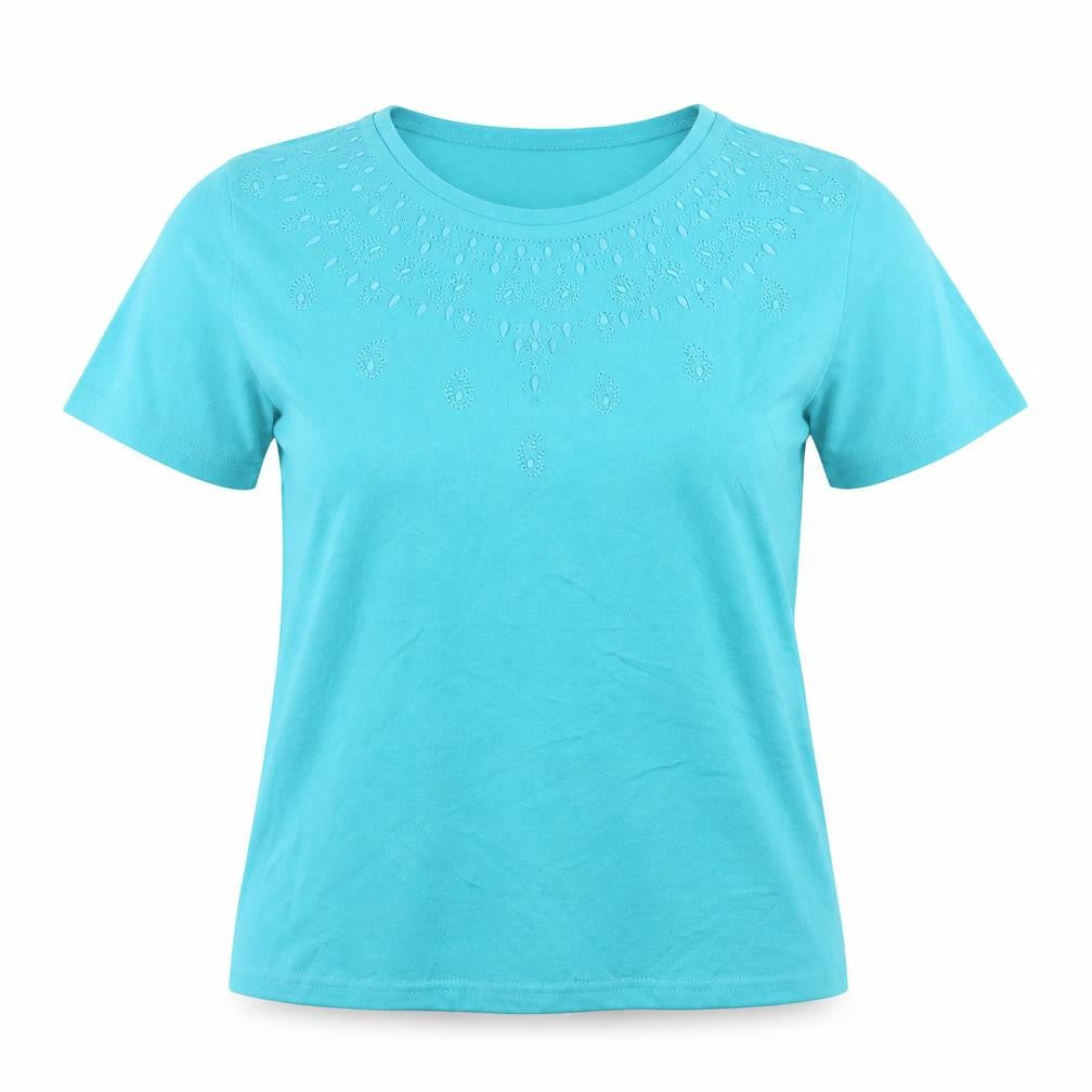Front view of Honor Millburn Women's Blue Cotton Embroidered T-Shirt, size S