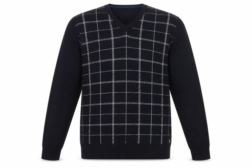 Front view of Marks & Spencer Men’s Blue V-Neck Check Golf Jumper Medium