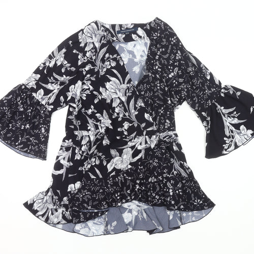 French Connection Womens Black Floral Wrap Blouse UK 10 Bell Sleeve