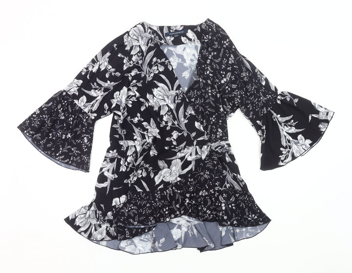 French Connection Womens Black Floral Wrap Blouse UK 10 Bell Sleeve