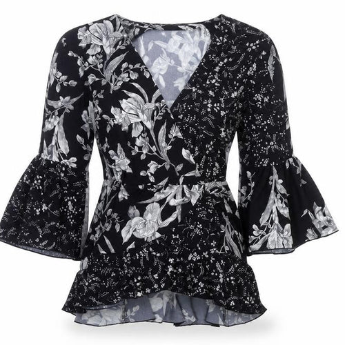 French Connection Womens Black Floral Wrap Blouse UK 10 Bell Sleeve
