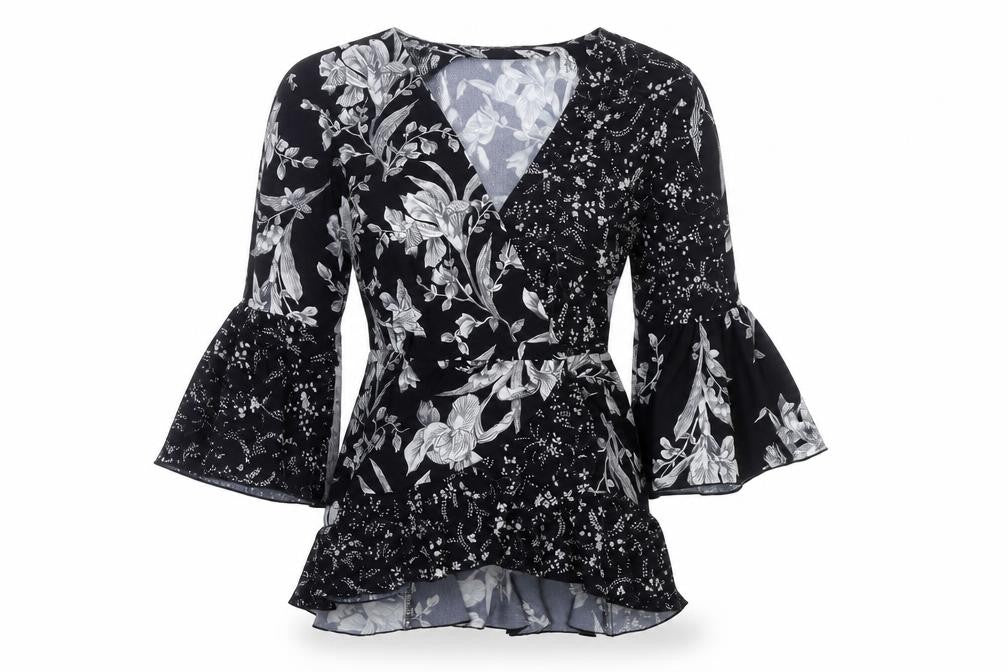 French Connection Womens Black Floral Wrap Blouse UK 10 Bell Sleeve