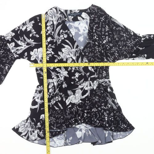 French Connection Womens Black Floral Wrap Blouse UK 10 Bell Sleeve