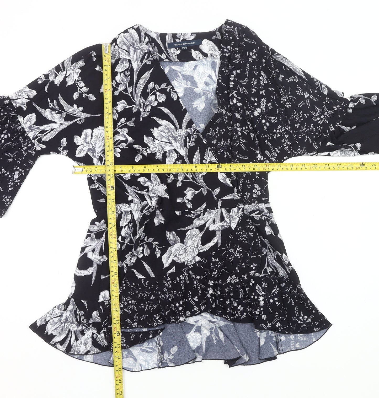 French Connection Womens Black Floral Wrap Blouse UK 10 Bell Sleeve