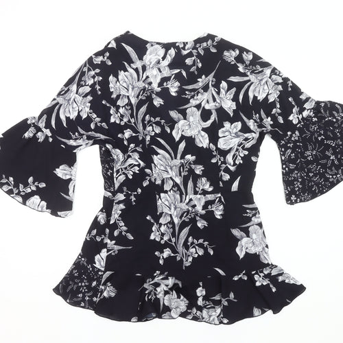 French Connection Womens Black Floral Wrap Blouse UK 10 Bell Sleeve