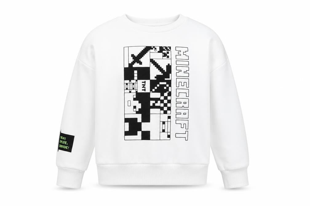 Front view of Minecraft boys’ white sweatshirt 8-9y pullover graphic print crew neck