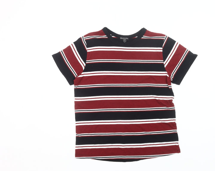 Brave Soul Men’s Multicoloured Striped Crew Neck Cotton T-Shirt L Regular Fit