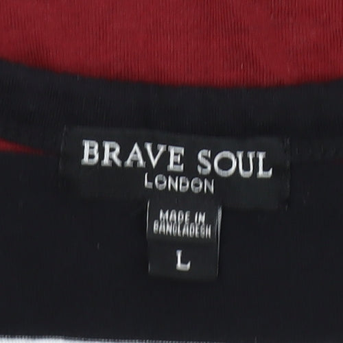 Brave Soul Men’s Multicoloured Striped Crew Neck Cotton T-Shirt L Regular Fit