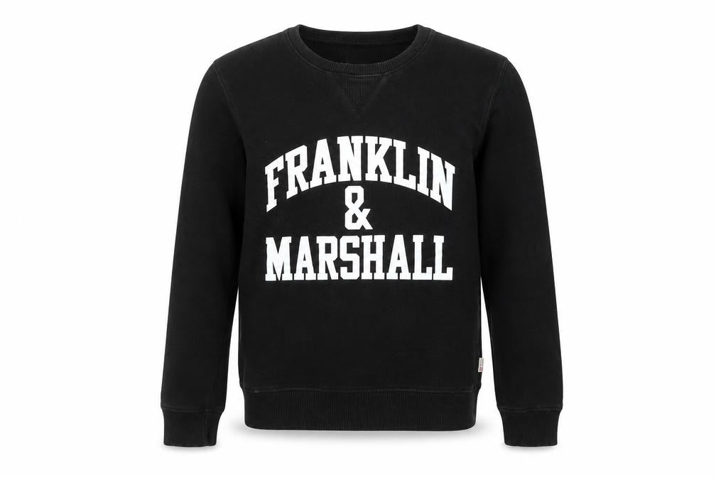 Front view of Franklin & Marshall boys’ black sweatshirt 12-13y pullover crew neck logo