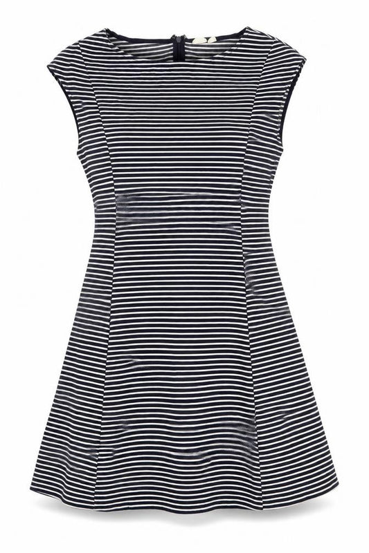 Front view of Gap Women’s Black Striped A-Line Sleeveless Dress, size UK 12