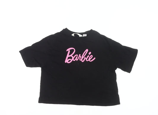 H&M Girls Black Barbie Cropped T-Shirt 11-12Y Cotton Casual Summer