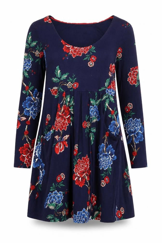 Joules Women’s Blue Floral Fit & Flare Dress UK 14 Long Sleeve