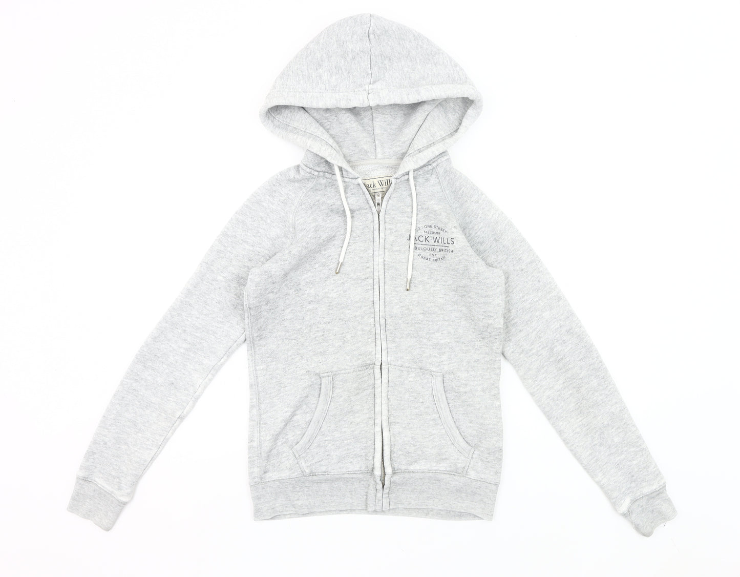 Jack Wills Womens Grey Full Zip Hoodie UK 8 Cotton Blend Casual