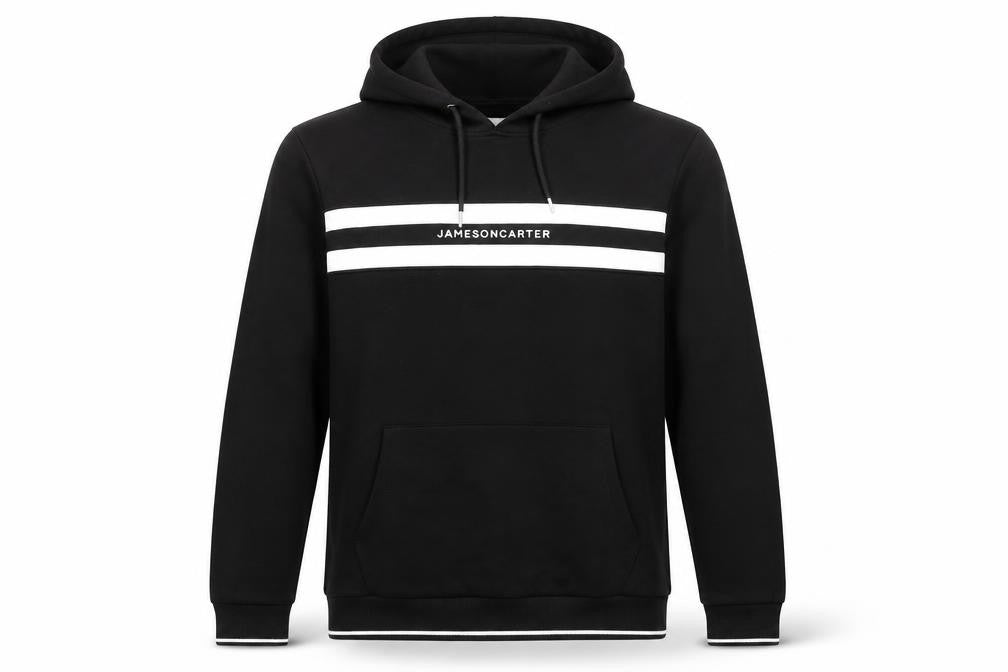 Front view of Jameson Carter men’s black pullover hoodie m logo print hooded