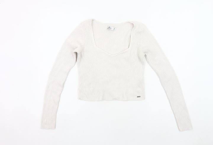 Hollister Womens Ivory V-Neck Rib Knit Pullover Jumper Size M