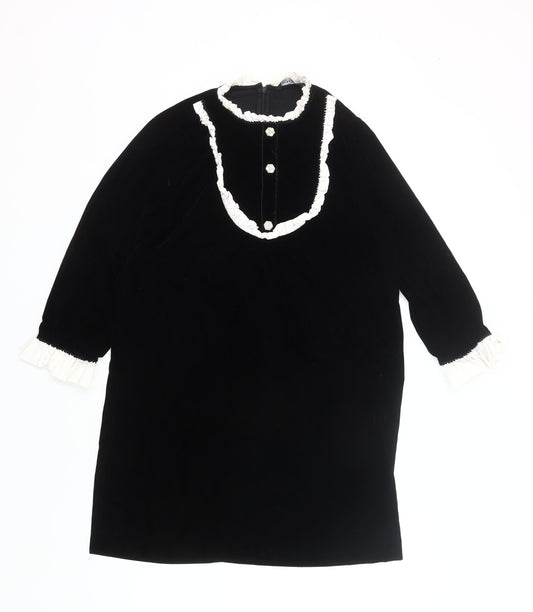 Front view of Zara Women Black Velvet Shift Dress, size 12, Ruffle Long Sleeve