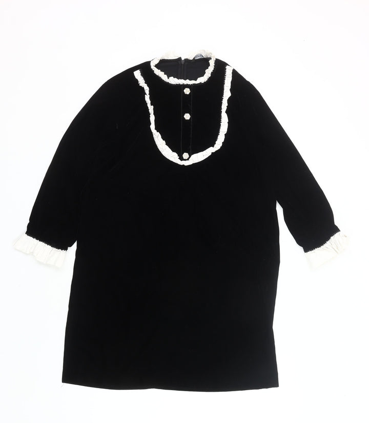 Zara Women Black Velvet Shift Dress Size 12 Ruffle Long Sleeve