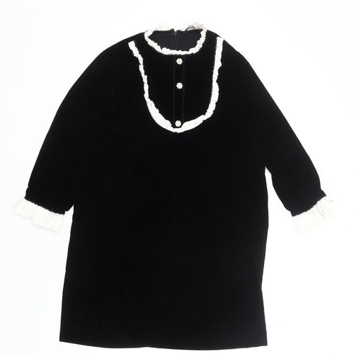 Zara Women Black Velvet Shift Dress Size 12 Ruffle Long Sleeve