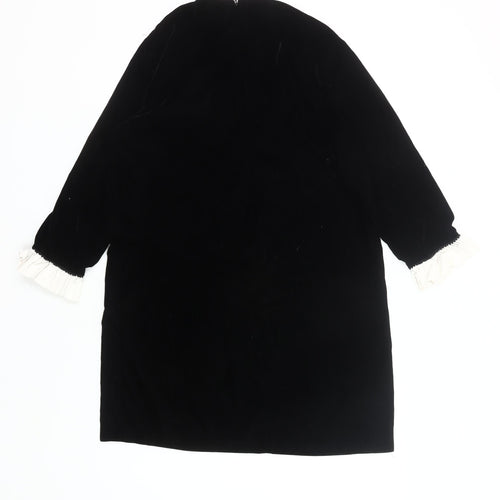 Zara Women Black Velvet Shift Dress Size 12 Ruffle Long Sleeve