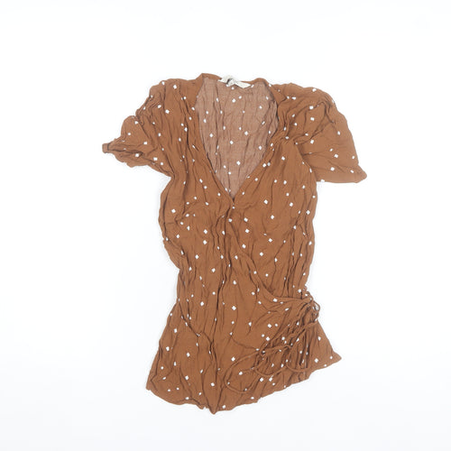 Next Women's Brown Wrap Blouse Size 8 Viscose Short Sleeve