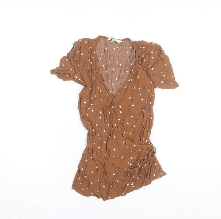 Next Women's Brown Wrap Blouse Size 8 Viscose Short Sleeve
