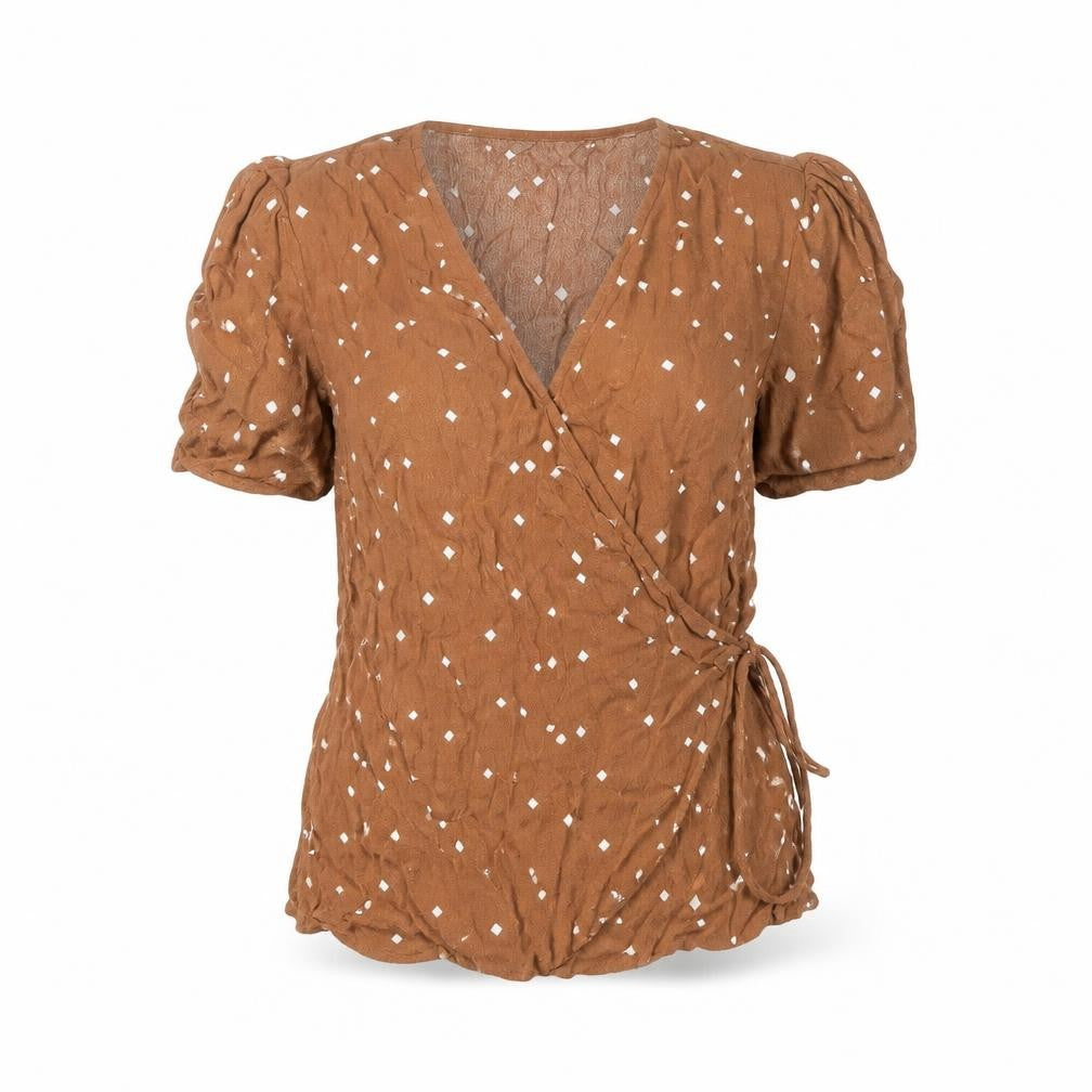Front view of Next Women's Brown Wrap Blouse, size 8, Viscose Short Sleeve