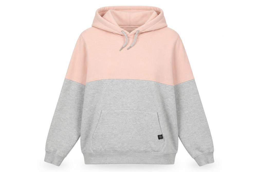 Front view of Soulstar women’s grey pink pullover hoodie small colourblock cotton blend