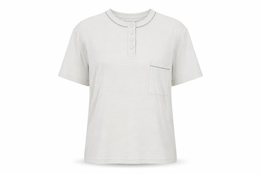 Front view of Design Essentials Women’s Beige Henley T-Shirt M Short Sleeve
