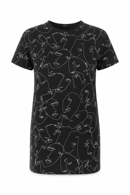 Front view of Monki Women Black Abstract Print T-Shirt Dress, size S