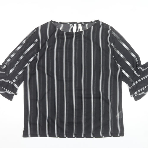 Af-Ideal Women’s Black Striped Blouse L 3/4 Flared Sleeve Tunic Top