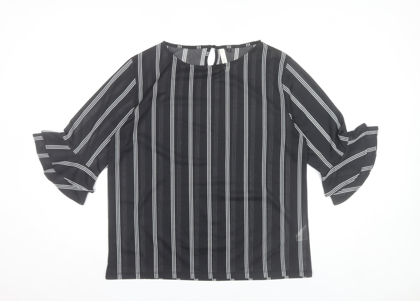 Af-Ideal Women’s Black Striped Blouse L 3/4 Flared Sleeve Tunic Top