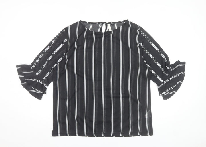 Af-Ideal Women’s Black Striped Blouse L 3/4 Flared Sleeve Tunic Top