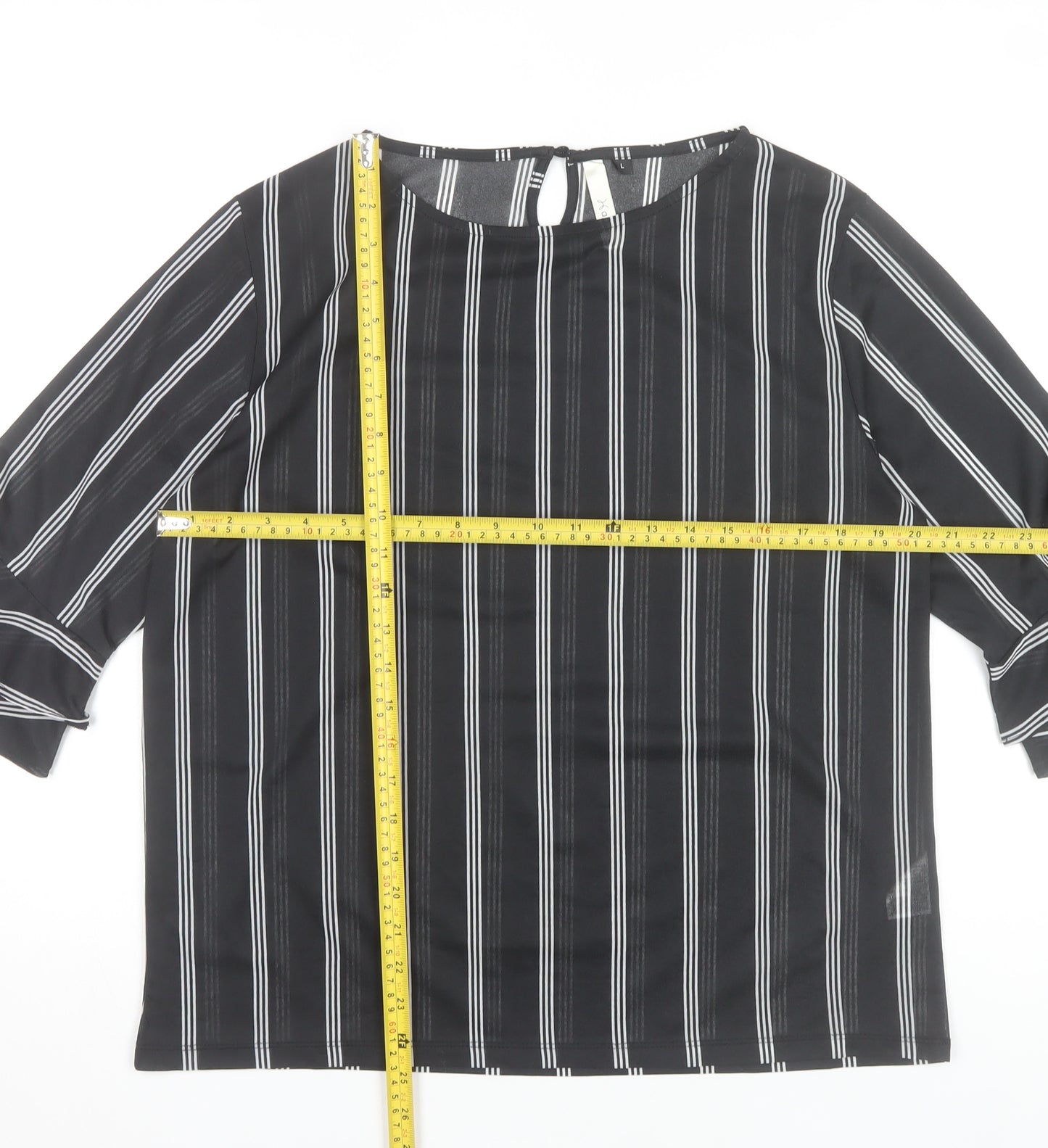 Af-Ideal Women’s Black Striped Blouse L 3/4 Flared Sleeve Tunic Top