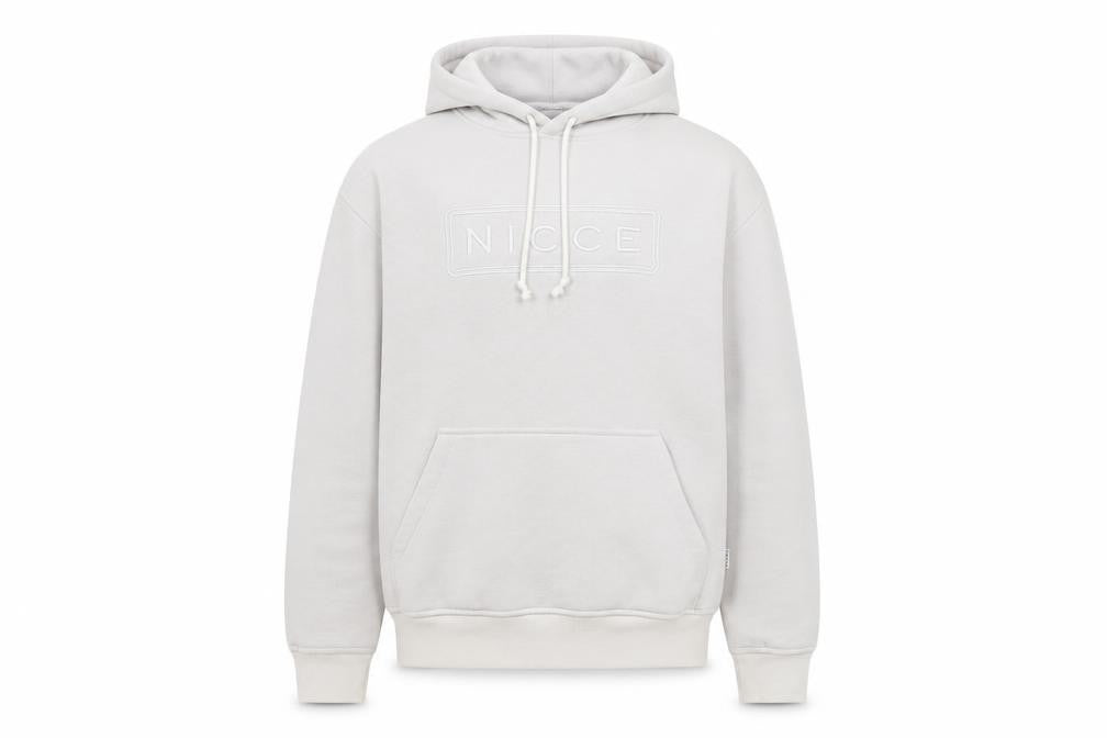 Front view of NICCE men’s beige pullover hoodie medium regular fit logo fleece