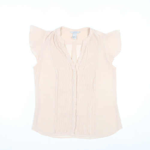 H&M Women’s Beige Pleated V-Neck Tunic Blouse Size 8 Flutter Sleeve