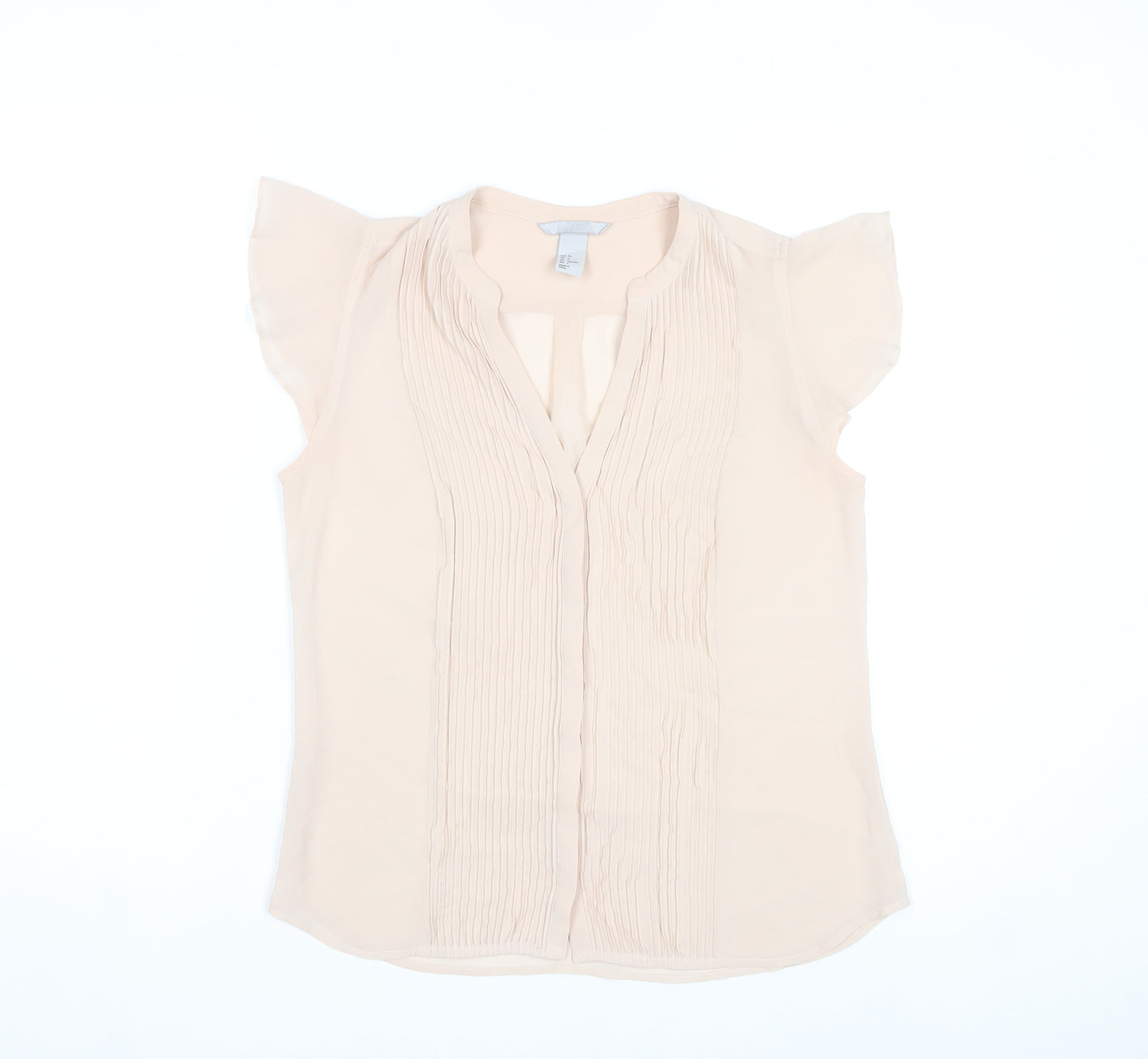 H&M Women’s Beige Pleated V-Neck Tunic Blouse Size 8 Flutter Sleeve