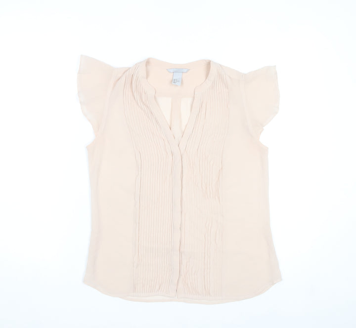 H&M Women’s Beige Pleated V-Neck Tunic Blouse Size 8 Flutter Sleeve