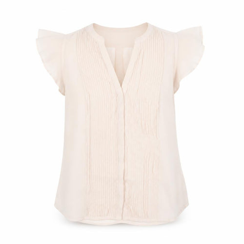 H&M Women’s Beige Pleated V-Neck Tunic Blouse Size 8 Flutter Sleeve