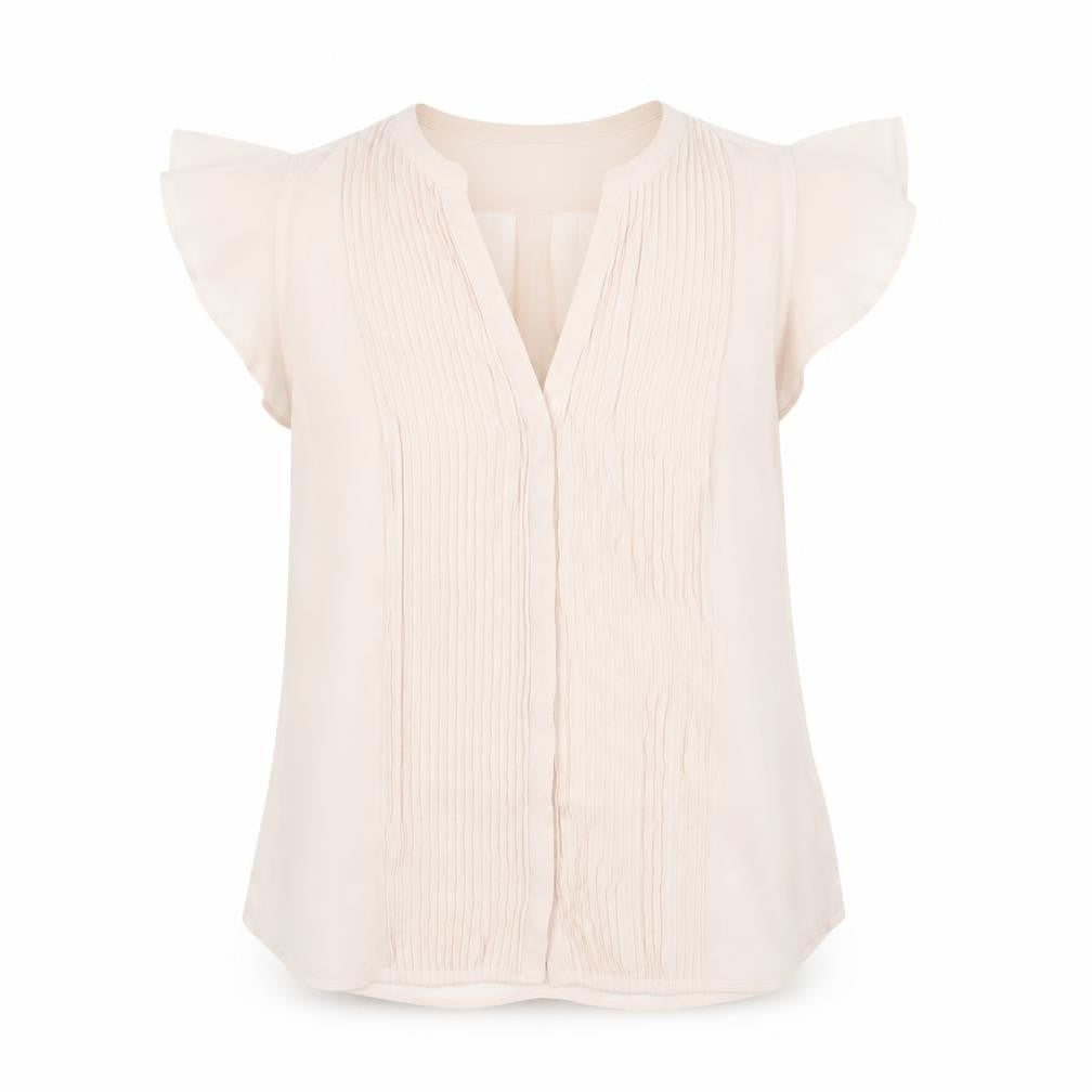 H&M Women’s Beige Pleated V-Neck Tunic Blouse Size 8 Flutter Sleeve